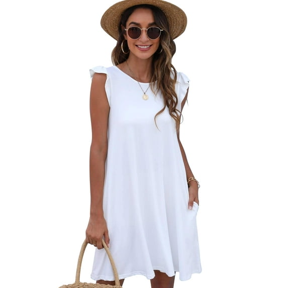 CALIPESSA Womens Summer White Ruffle Armhole Solid Round Neck Sleeveless A Line Pocket Casual Dress