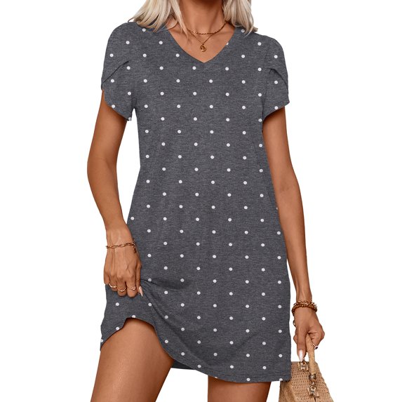 CALIPESSA Womens V Neck Mini Sundress Fashion Petal Sleeve Casual Summer Tshirt Dress Polka Dot Grey M