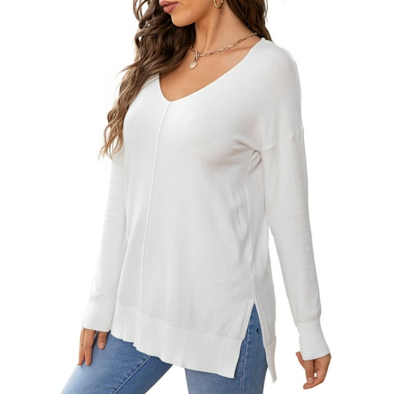 CALIPESSA Womens White Knit Long Sleeve Soft V Neck Solid Side Split Sweater Pullovers
