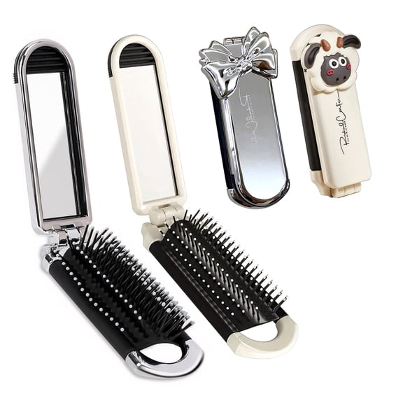 CALIYI 2PCS Folding Hair Brush with Mirror Portable Mini Hair Brush Small Compact Pocket Comb for Family Travel Car Gym Wig Bag Purse Gift Women