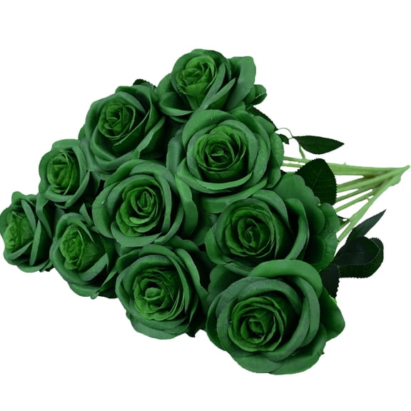 CALLIEVER 10pcs Dark Green Silk Artificial Roses 21.2 Inch Single-Stem Fake Roses for Wedding Home Decor