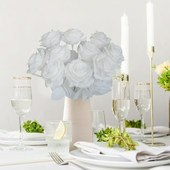 CALLIEVER 10pcs White Silk Artificial Roses 21.2 Inch Single-Stem Fake Roses for Wedding Home Decor