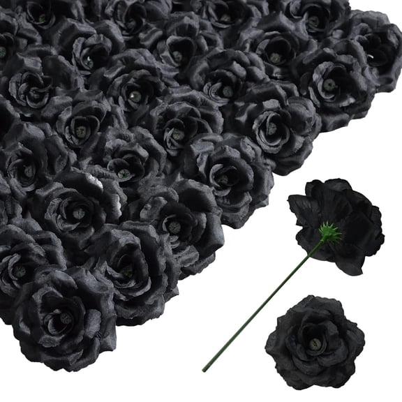 CALLIEVER 50Pcs Black Artificial Rose Heads, 3" Silk Roses with 6" Stems for Wedding/DIY/Home/Party Decor