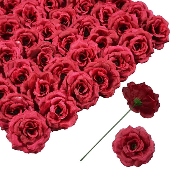 CALLIEVER 50Pcs Burgundy Artificial Rose Heads, 3" Silk Roses with 6" Stems for Wedding/DIY/Home/Party Decor