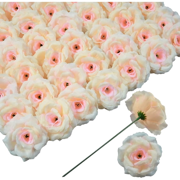 CALLIEVER 50Pcs Champagne Artificial Rose Heads, 3" Silk Roses with 6" Stems for Wedding/DIY/Home/Party Decor
