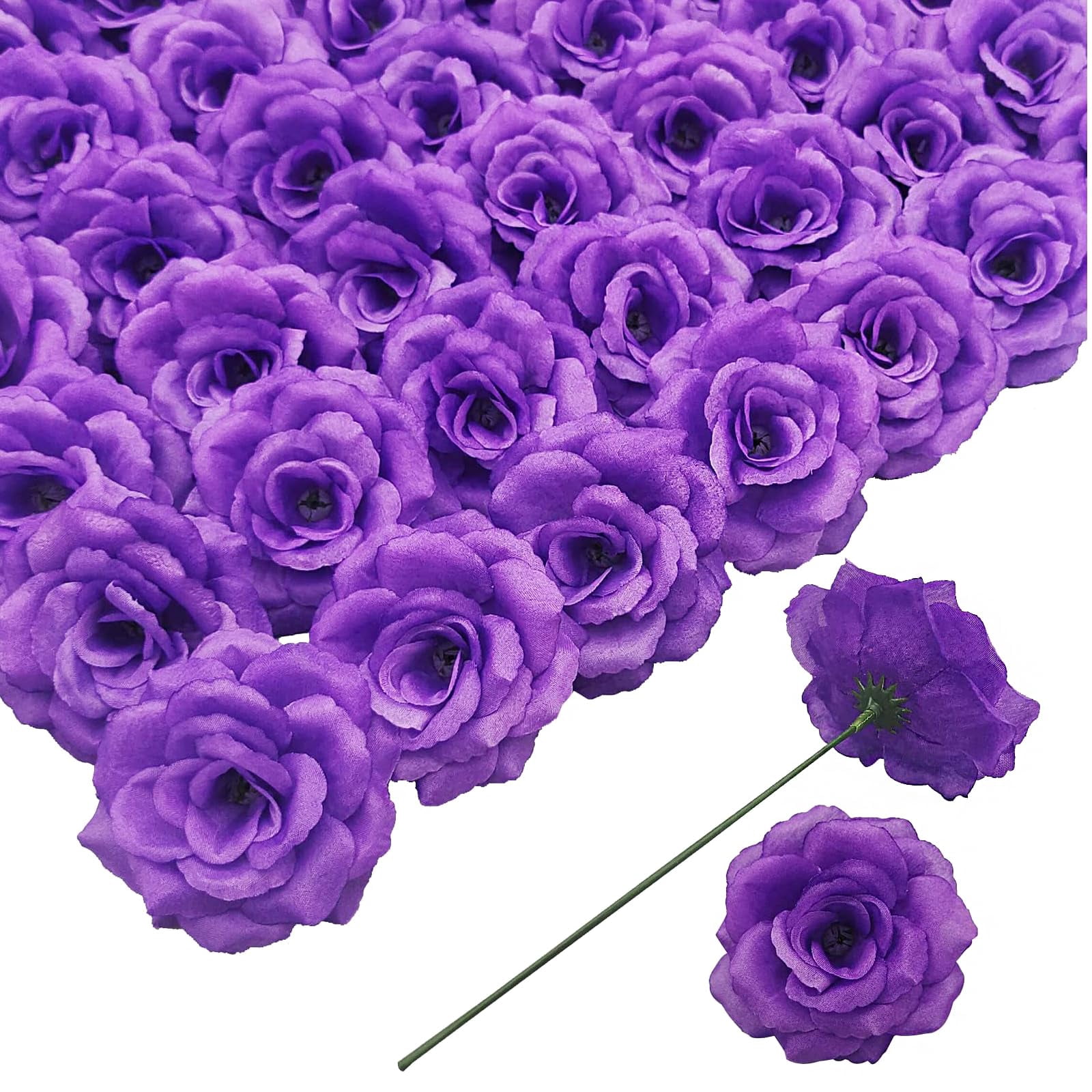 Fake Purple Roses CALLIEVER 50Pcs Deep Purple Artificial Rose Heads, 3