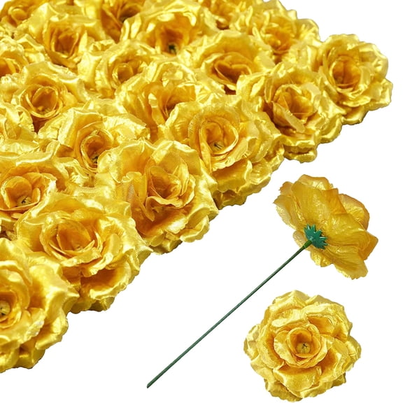 CALLIEVER 50Pcs Gold Artificial Rose Heads, 3" Silk Roses with 6" Stems for Wedding/DIY/Home/Party Decor