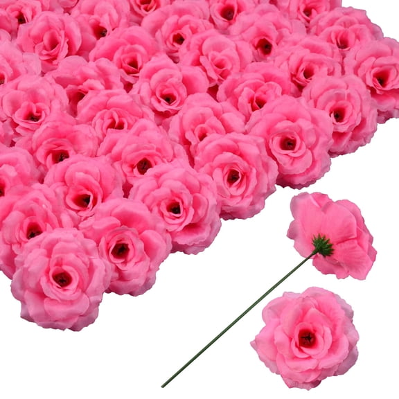 CALLIEVER 50Pcs Pure Pink Artificial Rose Heads, 3" Silk Roses with 6" Stems for Wedding/DIY/Home/Party Decor