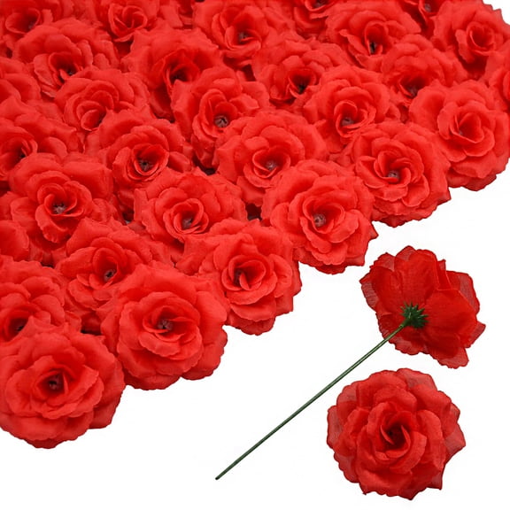 CALLIEVER 50Pcs Red Artificial Rose Heads, 3" Silk Roses with 6" Stems for Wedding/DIY/Home/Party Decor