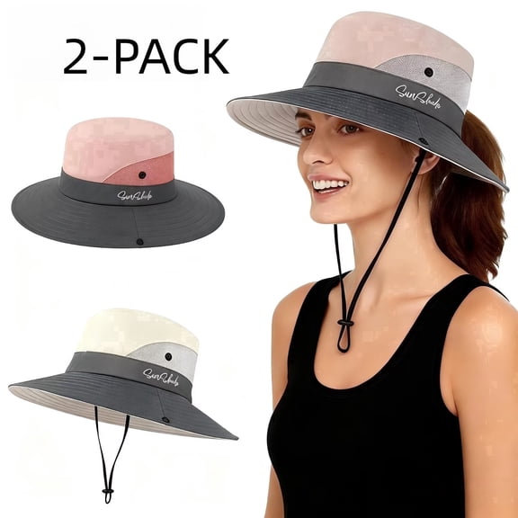 CALLINOX 2-Pack Womens Foldable Wide Brim UV Protection Sun Hats with Rear Ponytail Hole, Beige Light Grey.