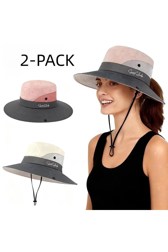 2-Pack Womens Foldable Wide Brim UV Protection Sun Hats with Rear Ponytail Hole, Beige Light Grey.