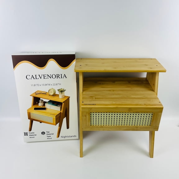 CALVENORIA Nightstands, Cane Accent Bedside End Table with Solid Wood Legs for Bedroom, Dorm and Small Spaces - 11.81"D x 15.94"W x 22.87"H(Natural)