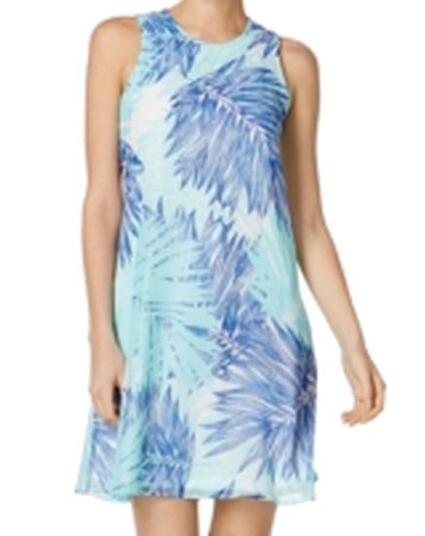 Womens Blue Leaves Sleeveless Jewel Neck Above The Knee Shift Dress Petites Size: 0
