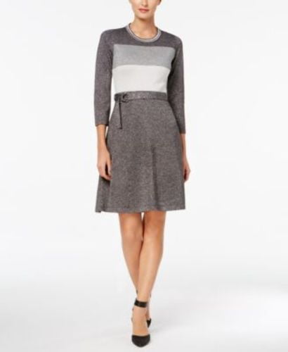 Womens Gray Tie Waist Color Block 3/4 Sleeve Crew Neck Above The Knee A-Line Wear To Work Dress Petites Size: M