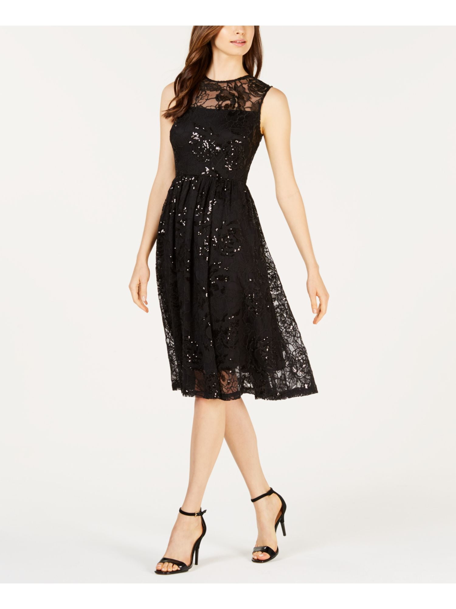 CALVIN KLEIN 189 Womens New 1173 Black Sequined Illusion Fit Flare Dress 6 Walmart