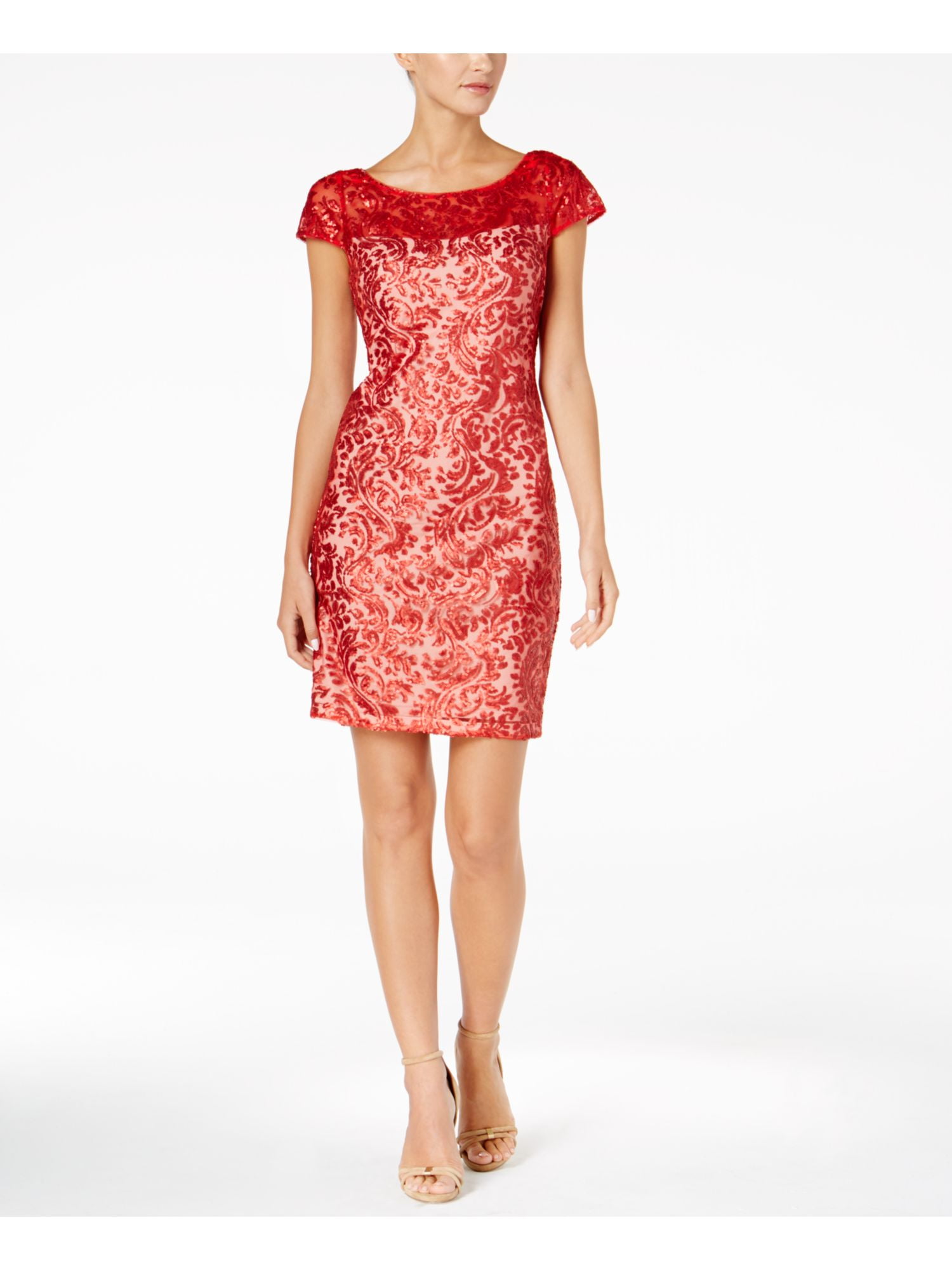 CALVIN KLEIN 189 Womens New 1180 Red Sequined Short Sleeve Sheath Dress 14 B B