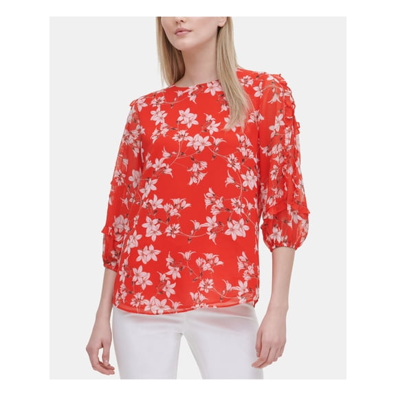 CALVIN KLEIN $80 Womens New 0181 Red Floral Ruffled Blouse Top S B+B