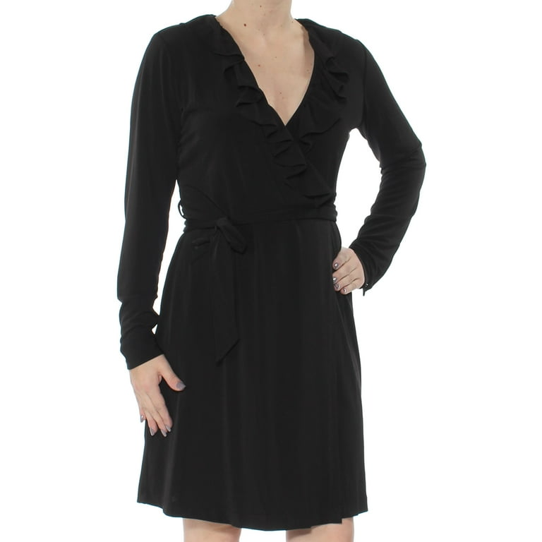 CALVIN KLEIN $99 Womens New 1126 Black Ruffled V Neck Faux Wrap Dress 4 B+B