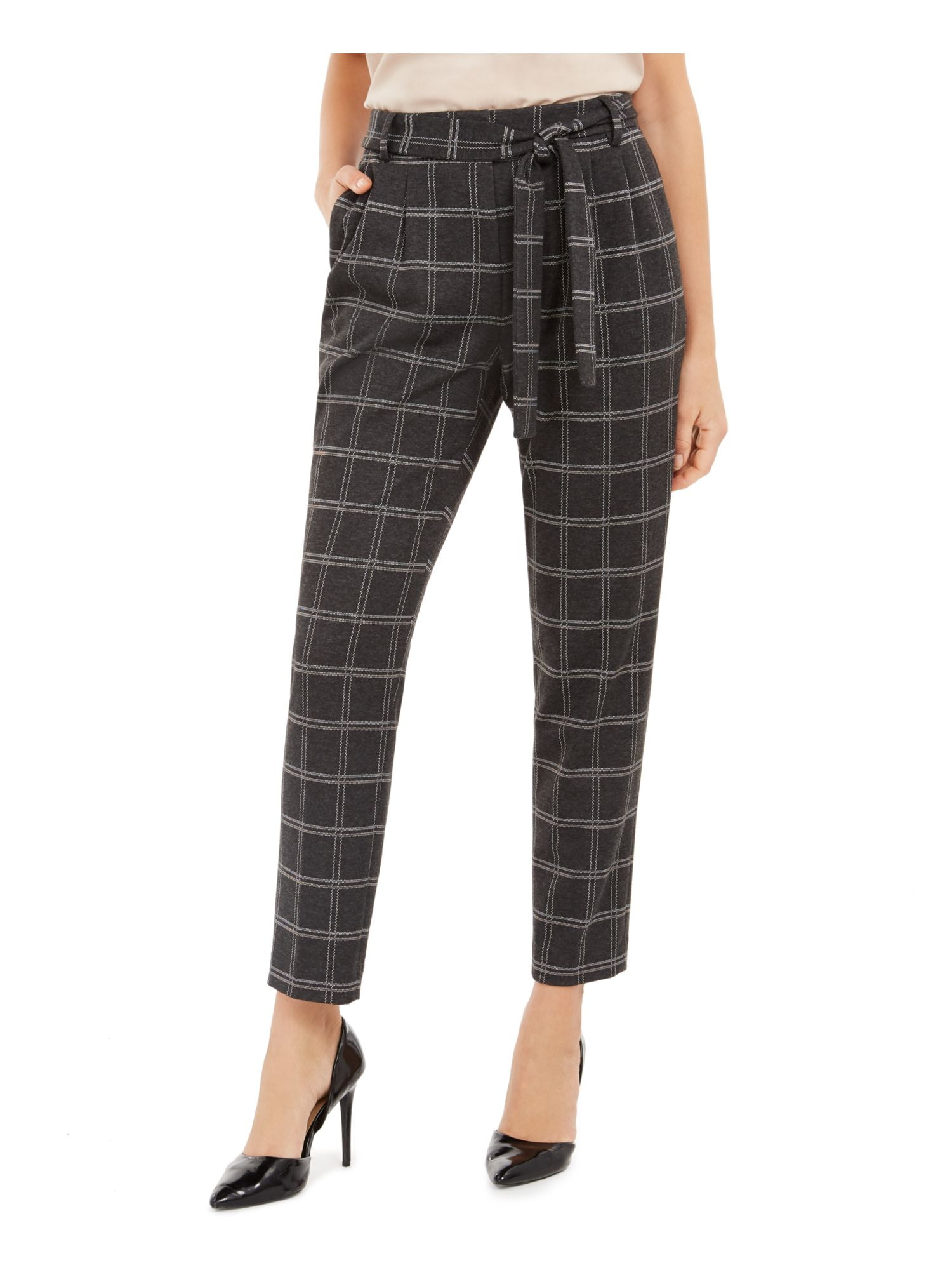CALVIN KLEIN $99 Womens New Gray Plaid Belted Straight leg Pants 12P Petites B+B