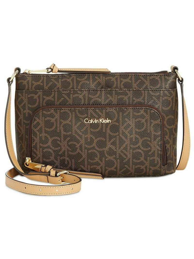 CALVIN KLEIN Brown Logo Leather Crossbody Handbag Purse