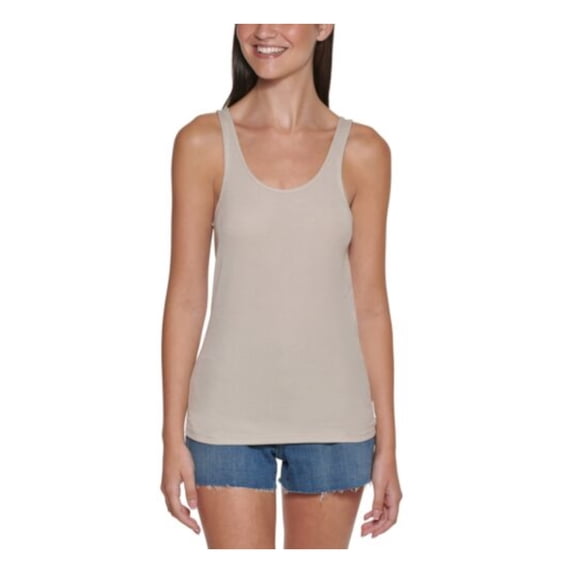 CALVIN KLEIN JEANS Womens Beige Ribbed Sleeveless Scoop Neck Tank Top S
