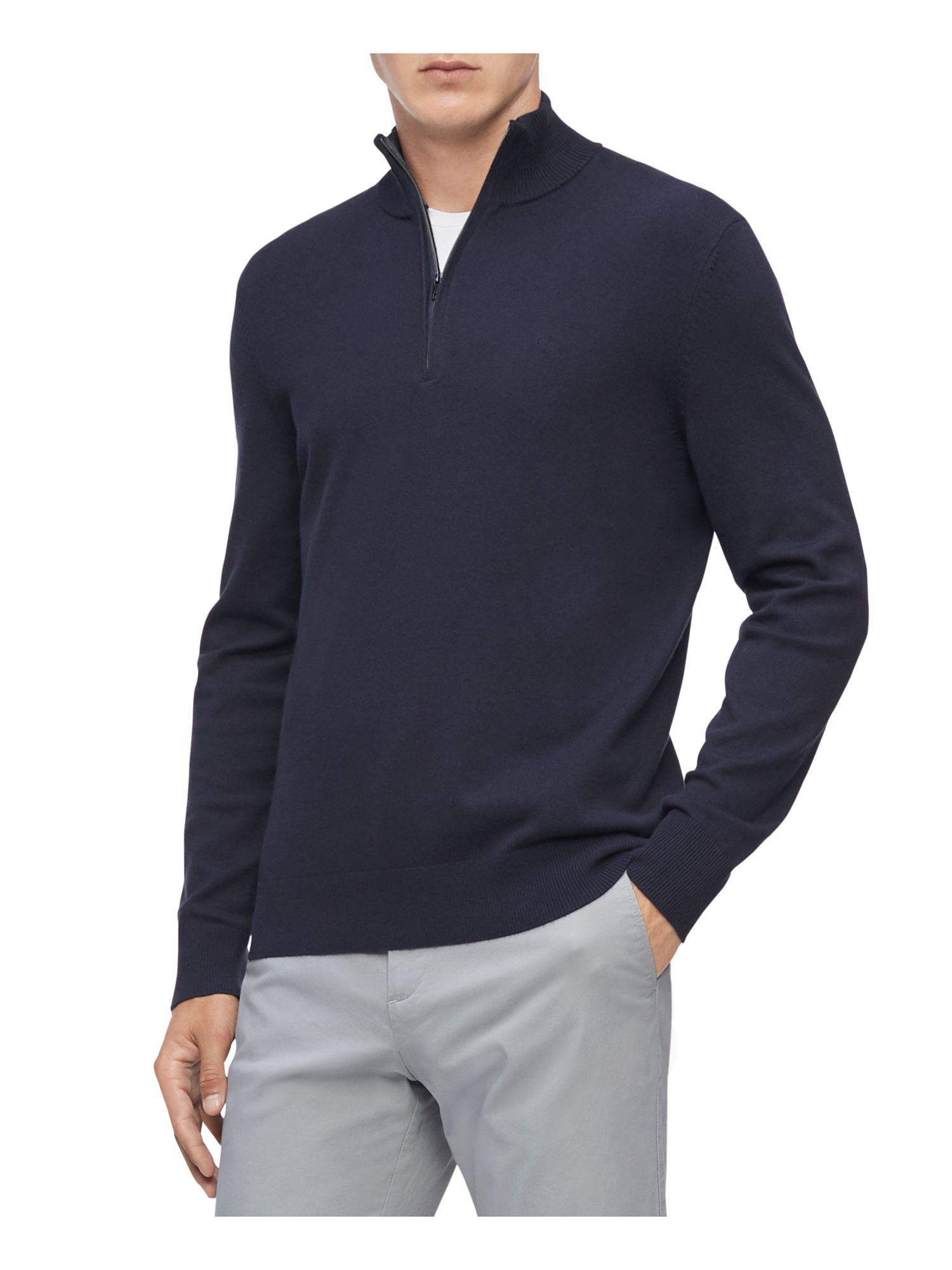 KLEIN Sweater Sleeve Lightweight L Pullover Collared Long Mens CALVIN Quarter-Zip Blue
