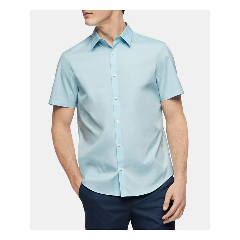 Calvin Klein Solid Stretch Short Sleeve Woven Button Down Shirt Mens M Cerulean