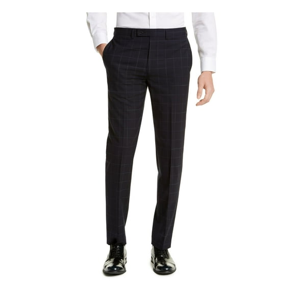 CALVIN KLEIN Mens Navy Stretch, Windowpane Plaid Extra Slim Fit Wool Blend Suit Separate Pants 32W X 30L