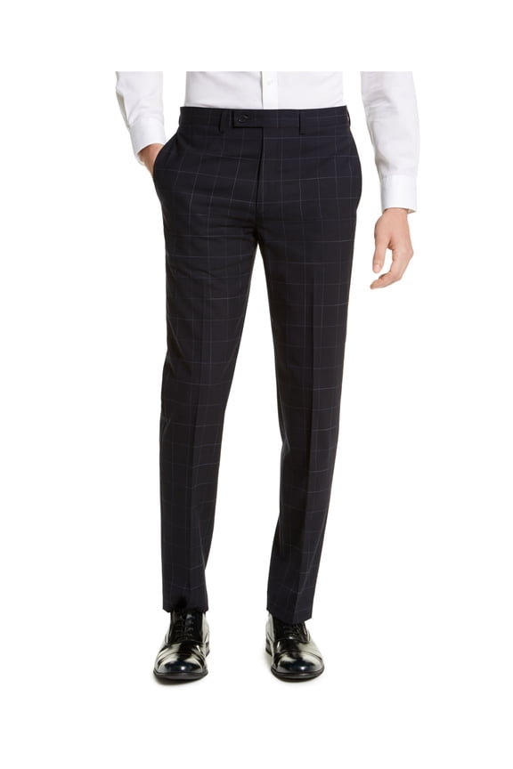 Mens Navy Stretch, Windowpane Plaid Extra Slim Fit Wool Blend Suit Separate Pants 34W/ 32L