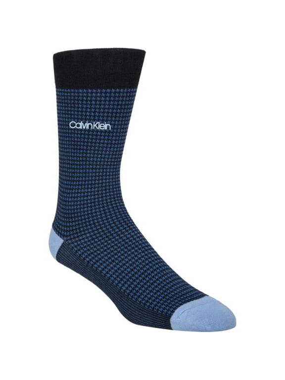 Mens Primary Blue Houndstooth Colorblock Logo Dress Crew Socks 7-12