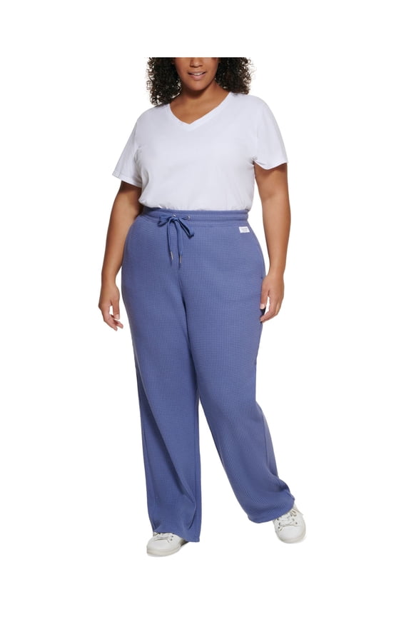 Womens Blue Textured Pocketed Drawstring Waist High Waist Pants Plus 2X