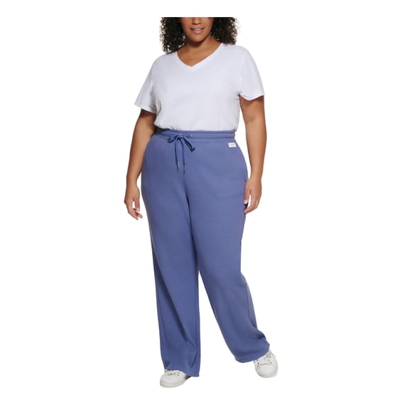 CALVIN KLEIN PERFORMANCE Womens Blue Textured Pocketed Drawstring Waist High Waist Pants Plus 2X