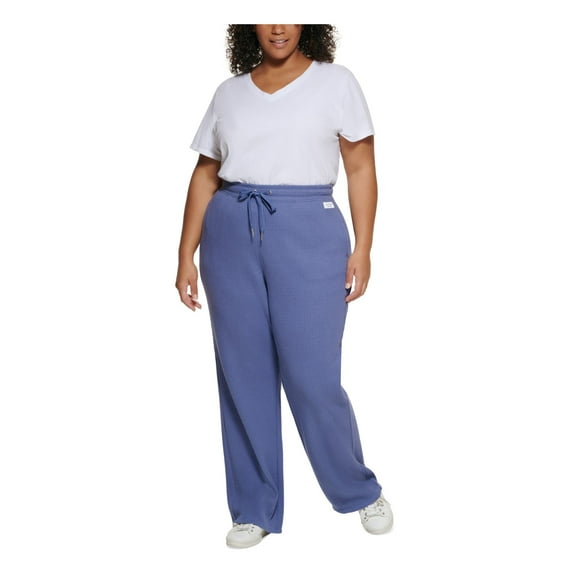 CALVIN KLEIN PERFORMANCE Womens Blue Textured Pocketed Drawstring Waist High Waist Pants Plus 2X