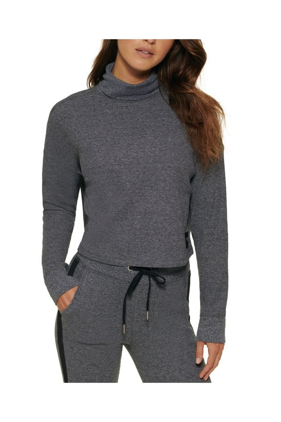Womens Gray Cotton Blend Textured Short Length Logo Graphic Long Sleeve Turtle Neck Top S