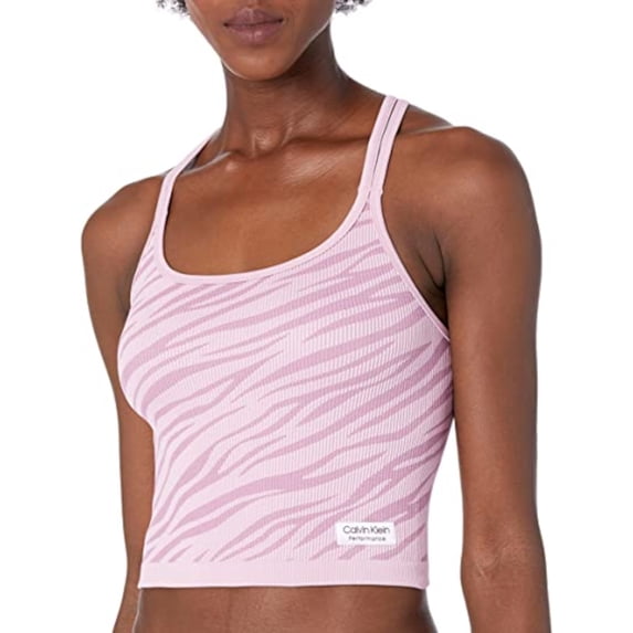 CALVIN KLEIN PERFORMANCE Womens Pink Stretch Ribbed Textured Seamless Strappy Cropped Animal Print Sleeveless Scoop Neck Active Wear Tank Top M