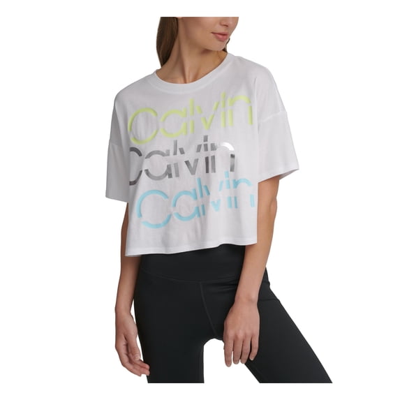 CALVIN KLEIN PERFORMANCE Womens White Logo Graphic Short Sleeve Crew Neck Crop Top XL