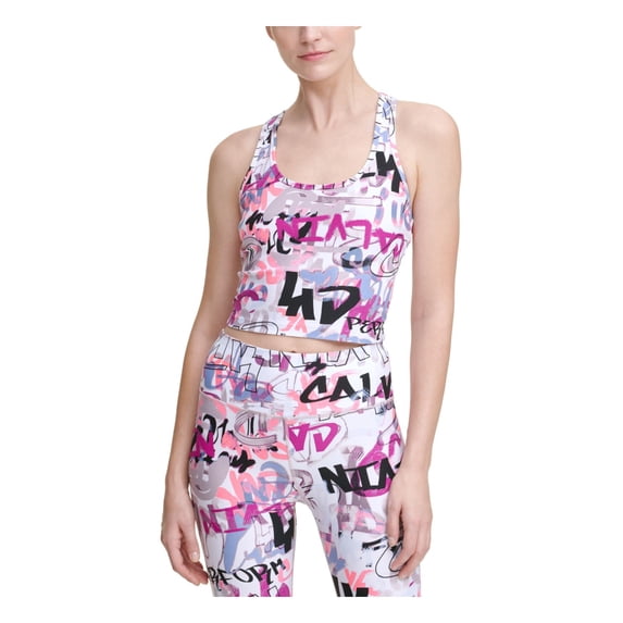 CALVIN KLEIN PERFORMANCE Womens White Stretch Racerback Moisture Wicking Cropped Printed Sleeveless Scoop Neck Active Wear Tank Top L