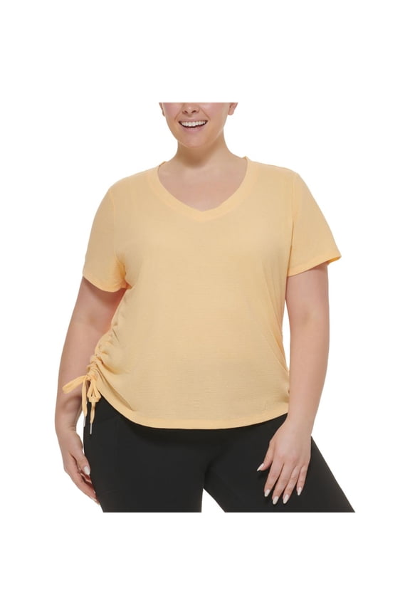 Womens Yellow Tie Ruched Sheer Pullover Breathable Short Sleeve V Neck Active Wear T-Shirt Plus 1X