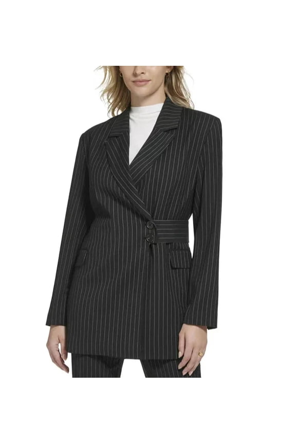 Women's Pinstripe Belted Jacket Black/White 4
