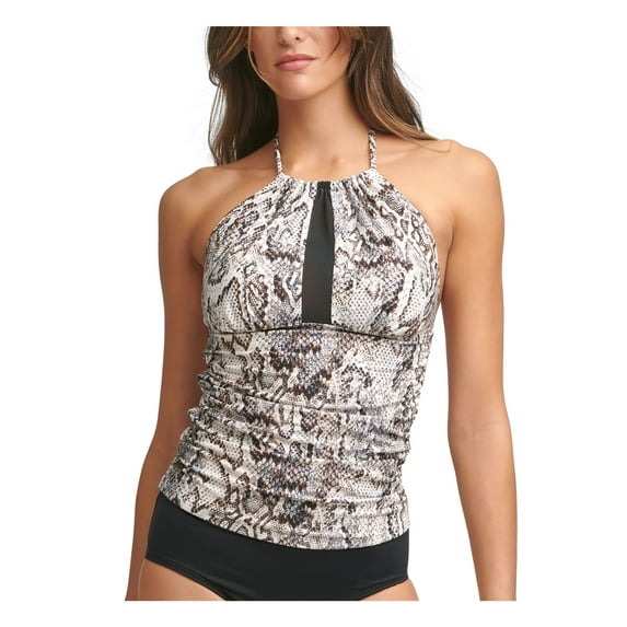 CALVIN KLEIN Women's Beige Snake Print Removable Cups Lined Stretch Mesh Tie Halter Tankini Swimsuit Top XXL