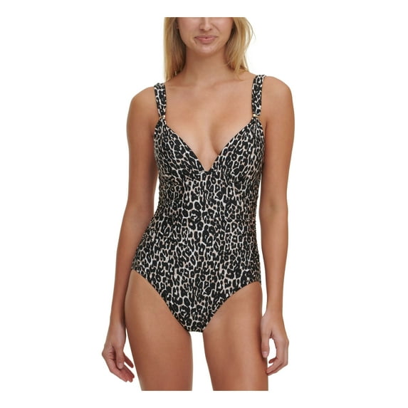 CALVIN KLEIN Women's Black Animal Print Tummy Control Full Coverage Stretch Deep V Neck Adjustable One Piece Swimsuit 6