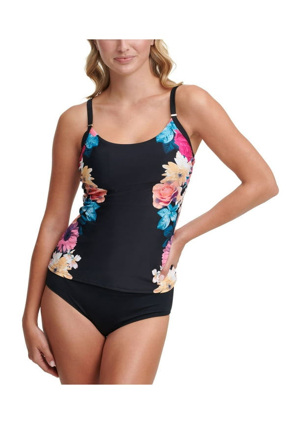 Women's Black Floral Stretch Scoop Neck Removable Cups Adjustable Tankini Swimsuit Top S