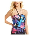 thumbnail image 1 of CALVIN KLEIN Women's Black Printed Stretch V-Wire Halter Removable Cups Shirred Tie Bandeau Tankini Swimsuit Top XS, 1 of 2