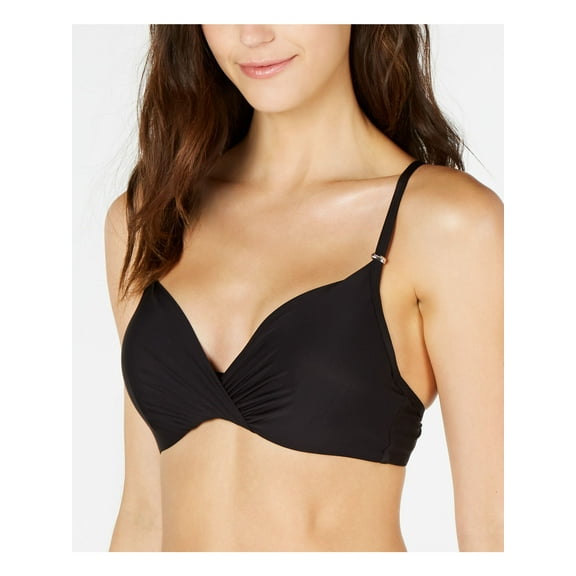 CALVIN KLEIN Women's Black Stretch Removable Cups  Lined Pleated Adjustable Surplice Swimsuit Top S