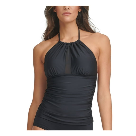 CALVIN KLEIN Women's Black Stretch Removable Cups Tie Shirred Mesh Halter Swimsuit Top XXL