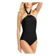 thumbnail image 1 of CALVIN KLEIN Women's Black Stretch Ring Fixed Cups High Neck Shirred Full Coverage Halter One Piece Swimsuit 16, 1 of 4