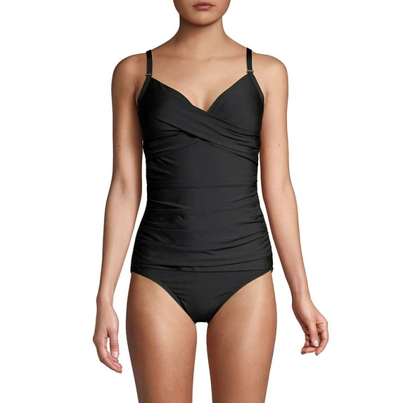 CALVIN KLEIN Women's Black Stretch Tummy Control Ruched Lined Adjustable Surplice Tankini Swimsuit Top XL