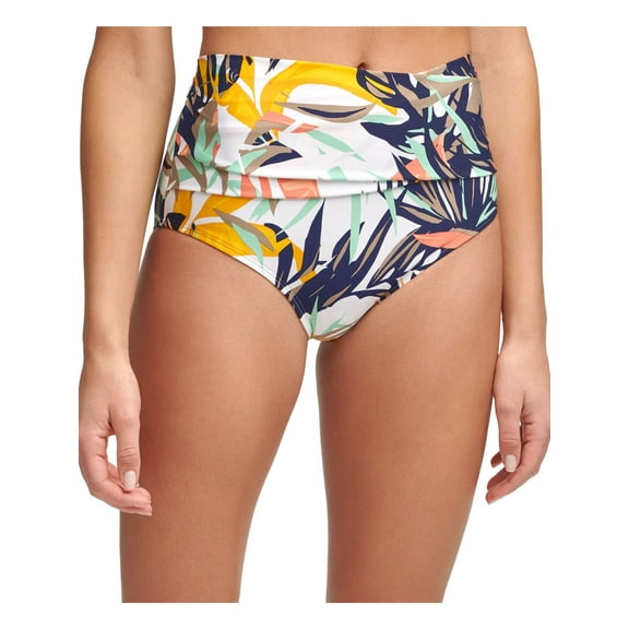CALVIN KLEIN Women's White Tropical Print Stretch Crossover Front Lined Bikini Full Coverage UV Protection High Waisted Swimsuit Bottom M