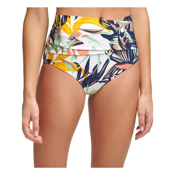 CALVIN KLEIN Women's White Tropical Print Stretch Crossover Front Lined Bikini Full Coverage UV Protection High Waisted Swimsuit Bottom M