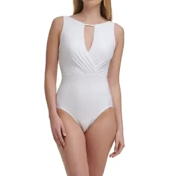 CALVIN KLEIN Women's White Tummy Control Keyhole Removable Cups High Neck One Piece Swimsuit 14